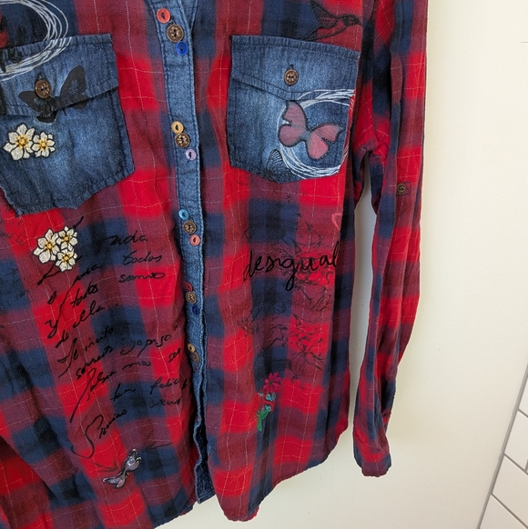 Desigual Women's Red Blue Plaid Button Up Shirt Embroidered Butterfly Floral - Picture 2 of 8